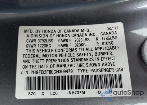 2012 Honda Civic Ex z USA, uszkodzony, nr VIN 2HGFB2F80CH309479